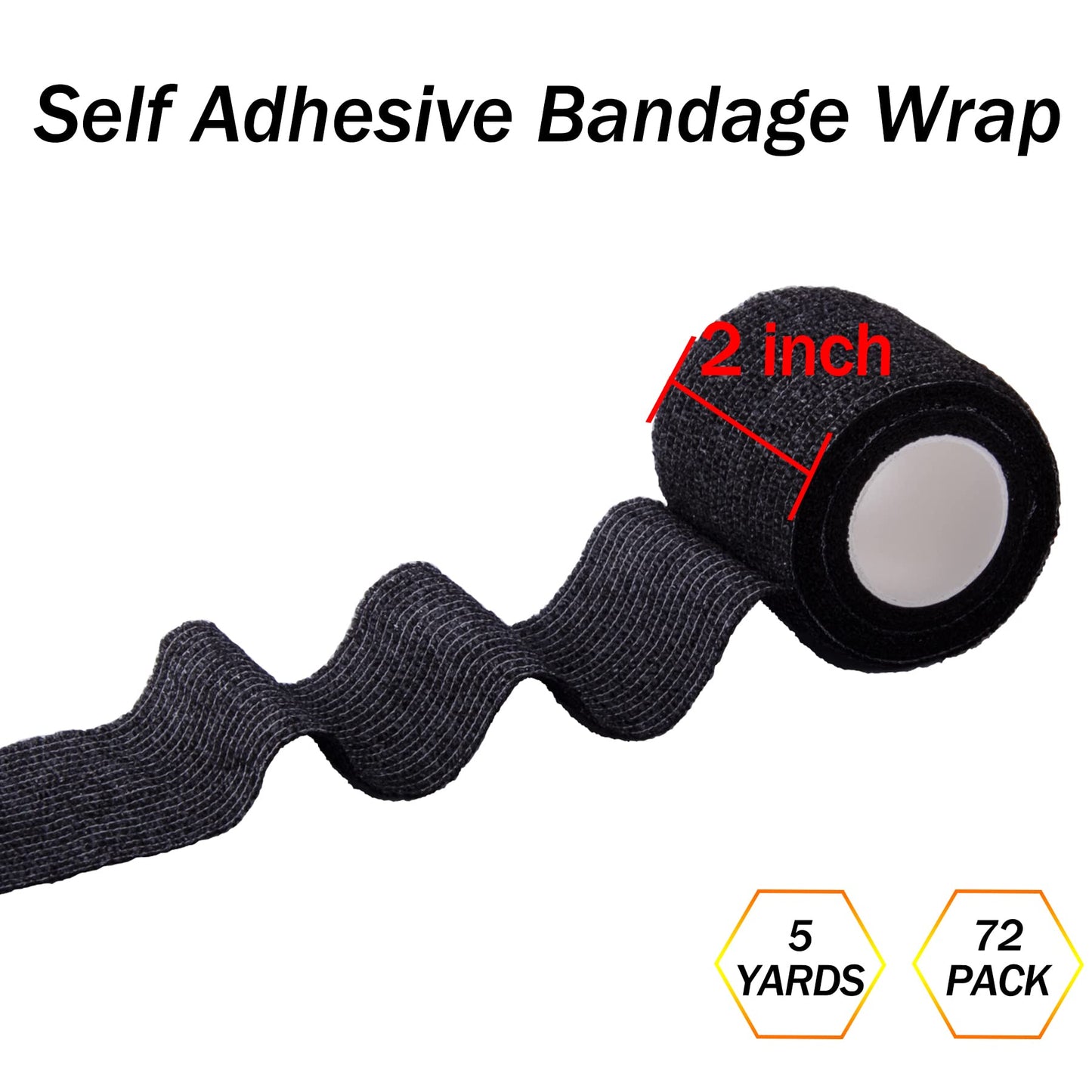 BQTQ 72 Rolls Self Adherent Bandage Cohesive Wrap Athletic Tape 2" x 5 Yards Breathable Stretch Wrap Sports wrap Cohesive Bandage Tape Roll for Ankle Sprains & Swelling,Human, Animals(Black Color)