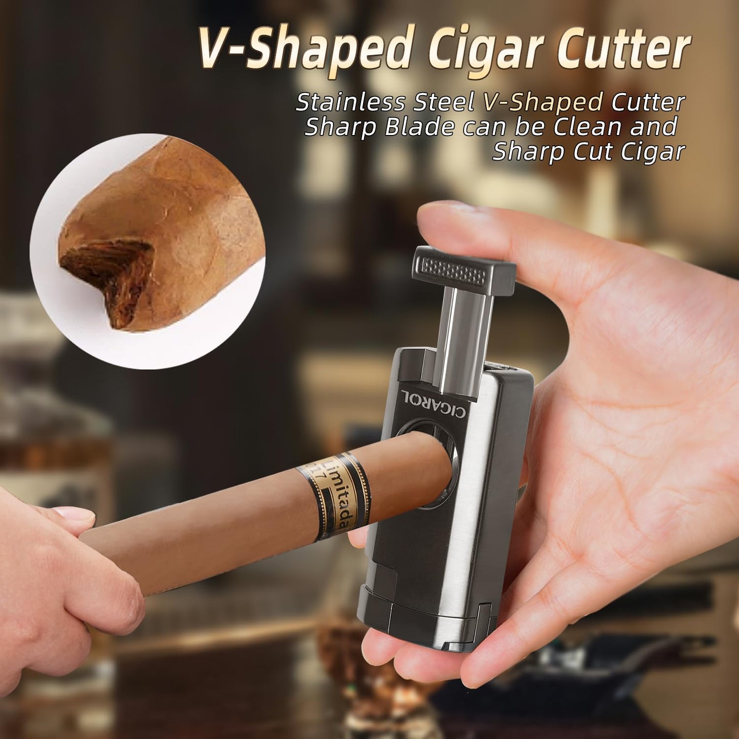 10-Finger Cigar Travel Humidor Cigar Case with Triple Flame Cigar Lighter, Leather Cigar Box with Round Humidifier, Cigar Punch and Dropper, Cedar Wood Humidor Cigar Box Gift Box Storage Box