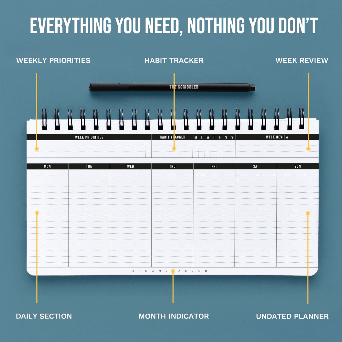 2026 Weekly Planner | Undated Daily Monthly Productivity Pad with Habit Tracker, Weekly To Do List & Free Pen | Spiral-Bound Desk Organizer Notepad for Adhd, Work, College & Home | Lasts 1 Full Year