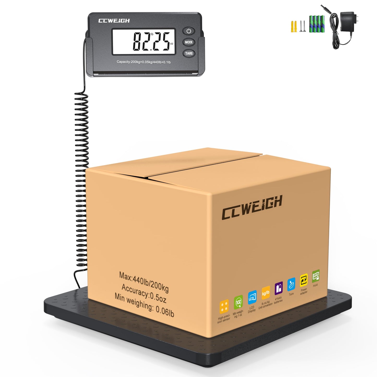 CCweigh Digital Shipping Postal Scale 1.76 oz High Accuracy！440lb with Tare Function, Extended LCD Display for Packages Small Business, Mail, Warehouse, Home, Battery & Charging Cable Included
