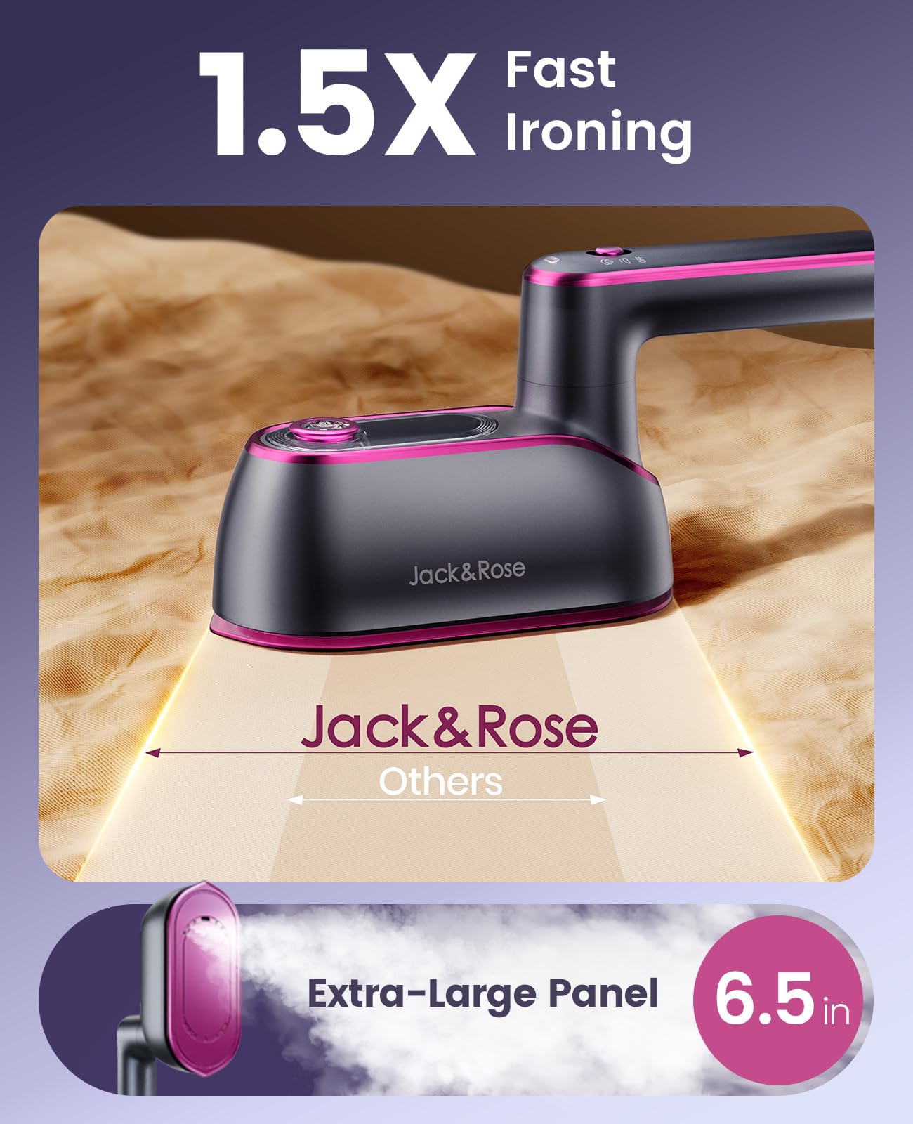 Jack ＆ Rose Steamer Clothes,8s Fast Heat-up Travel Steam Iron,Portable Clothing Steamer with Large Ceramic Heat Panel & 180° Rotating Handle