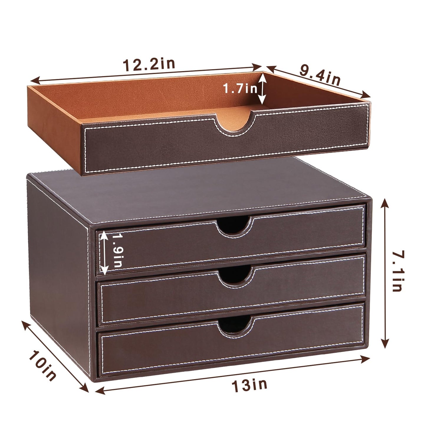 Faux Leather Desk Organizer with3 Drawers Executive Office Supplies Desktop Filing A4 File Cabinet/Holder,Stackable Storage Box for Jewelry/Bill/Paper/Documents/Makeup Home Decor Accessories(Brown)