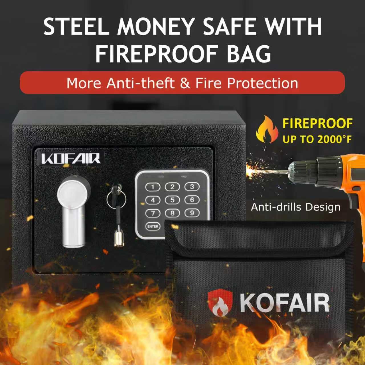 KOFAIR Safe Box for Home Safe (0.23 Cubic Feet) with Fireproof Bag, Personal Money Safe for Cash Saving, Mini Safe Box with Key, Digital Safety Box with Light, Money Lock Box