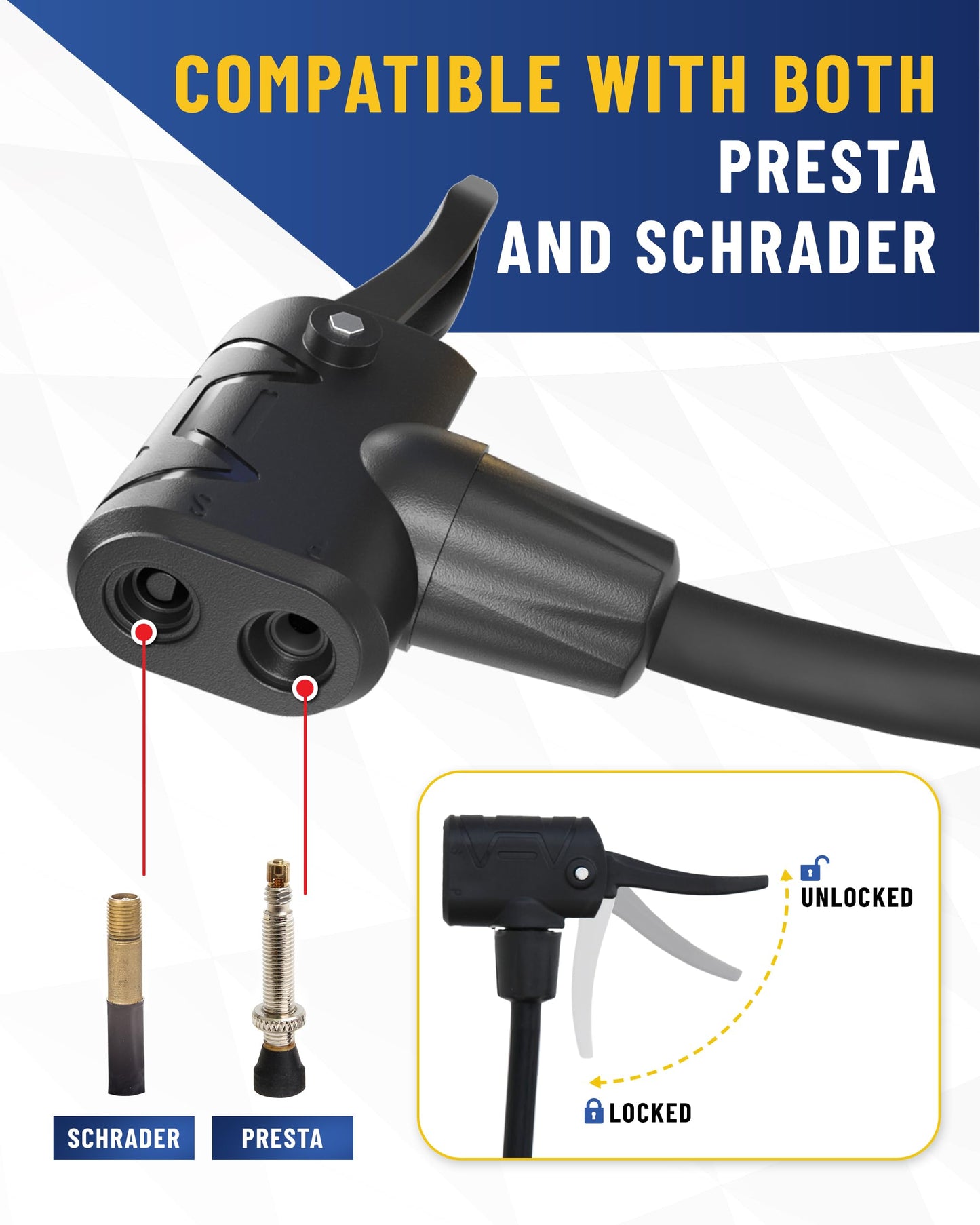 Presta Valve Adaptor for Air Compressor — Digital Bike Tire Pressure Gauge with Inflator – Schrader to Presta Valve Air Chuck Compressor Attachment