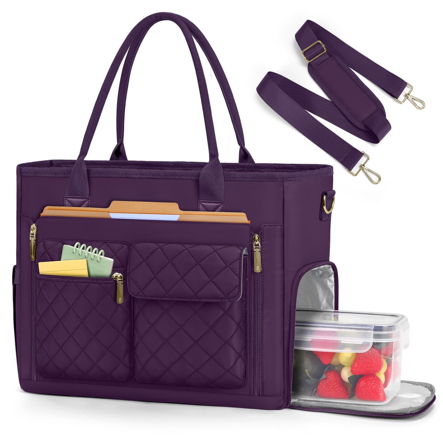 RAINSMORE Teacher Tote Bag with Insulated Lunch Compartment 15.6 inch Laptop Bag for Women Large Work Bags Nurse Bags Professional Briefcase Computer Handbag for Office, College, Nursing, Dark Purple