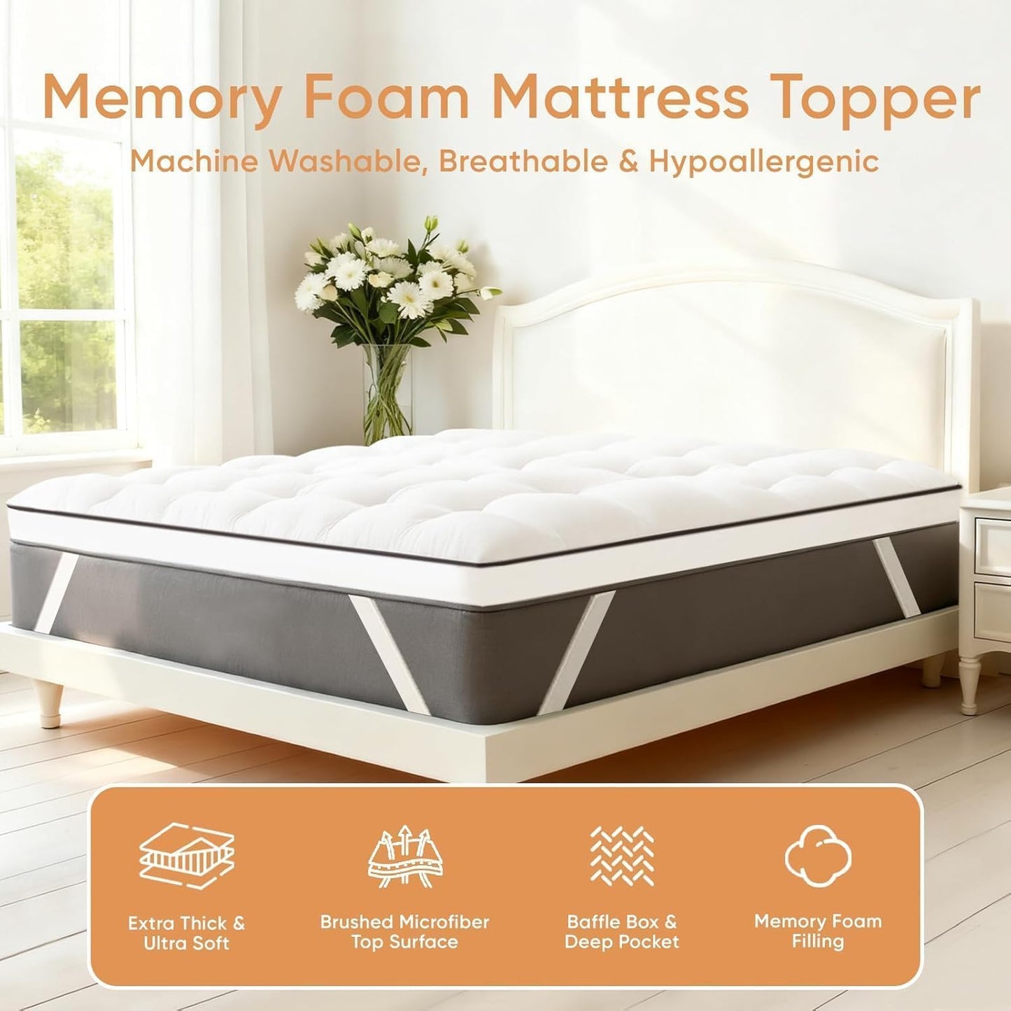 Memory Foam Mattress Topper, 100% Cotton Mattress Pad Cover, Breathable & Skin-Friendly Queen Size Mattress Topper for Back Pain Relief, 3 Inch Extra Thick Shredded Foam, Queen
