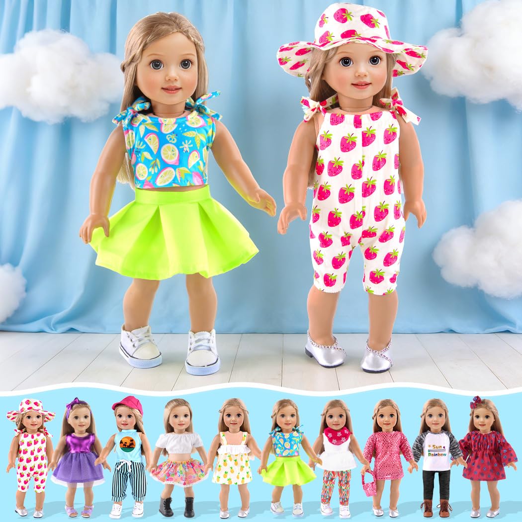 10-Sets Doll Clothes and Accessories for 18 inch Doll Include Dress Handbag Headband Hat and Rompers