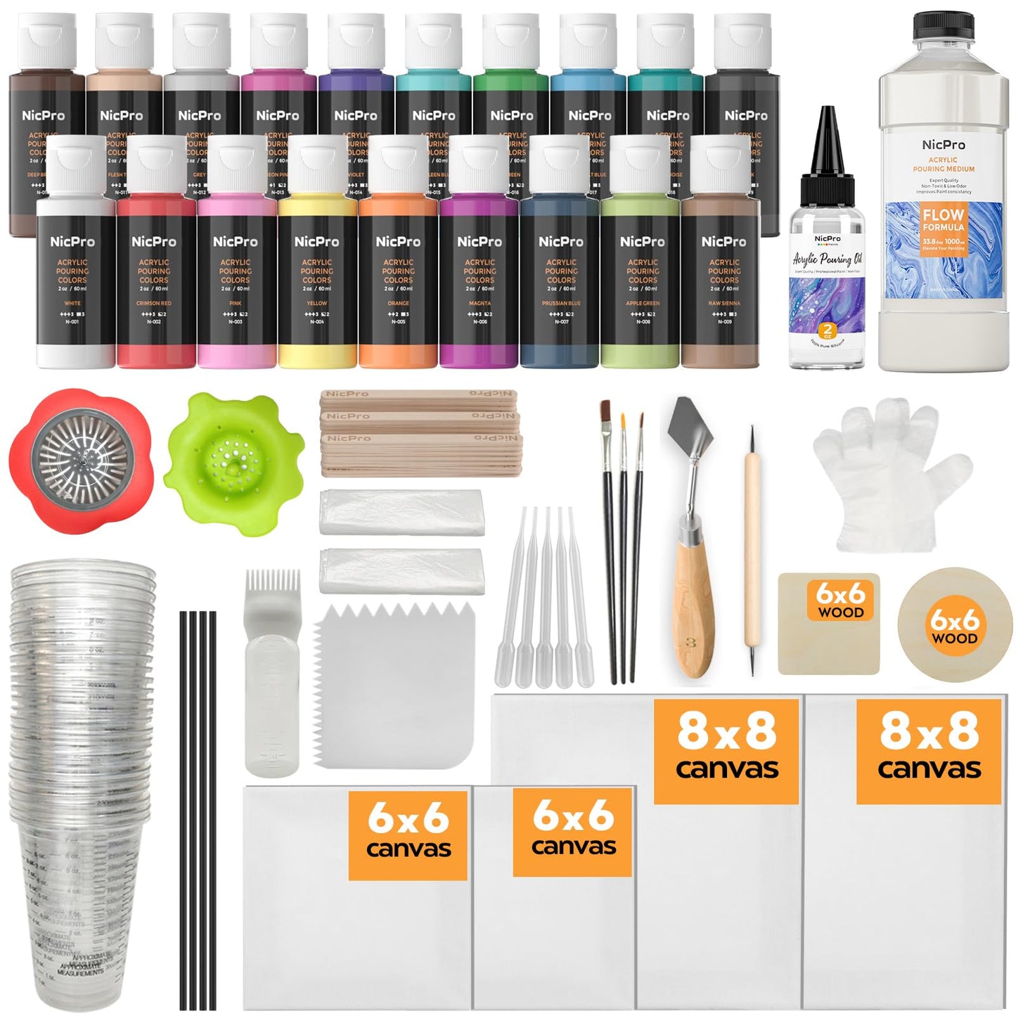 Nicpro 19 Colors Acrylic Painting Pouring Kit, Artist Starter Supplies Including 19 Colors Acrylic Paints,Pouring Medium, Silicone Oil, Canvases, Gloves, Strainers, Mixing Stick, Instructions for Flow DIY Painting