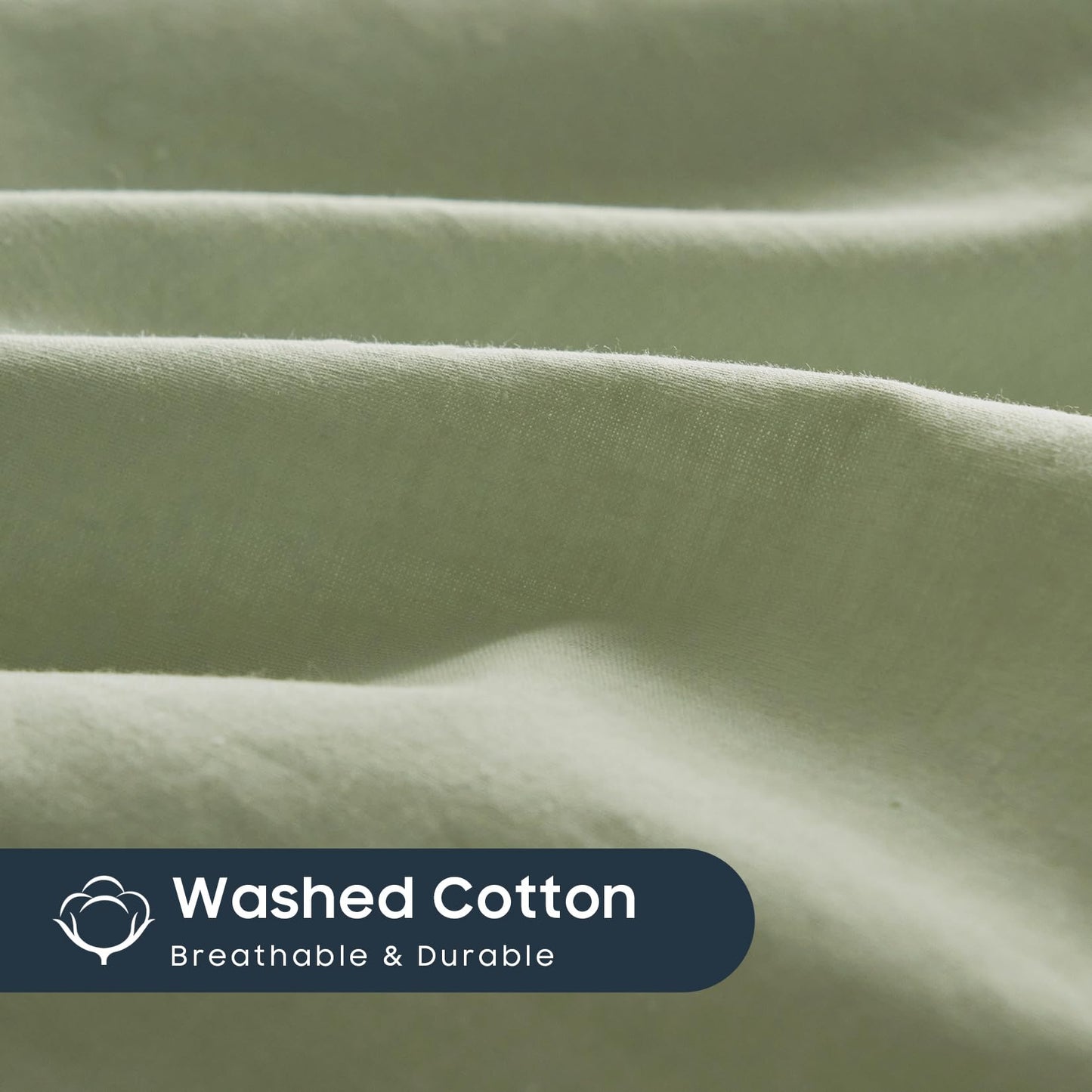 Wake In Cloud - Sage Green Cotton Duvet Cover Set, Queen Size, 100% Washed Cotton Plain Solid Color, Linen Like Textured, Breathable Durable Farmhouse Neutral Bedding Set, 3 Pieces