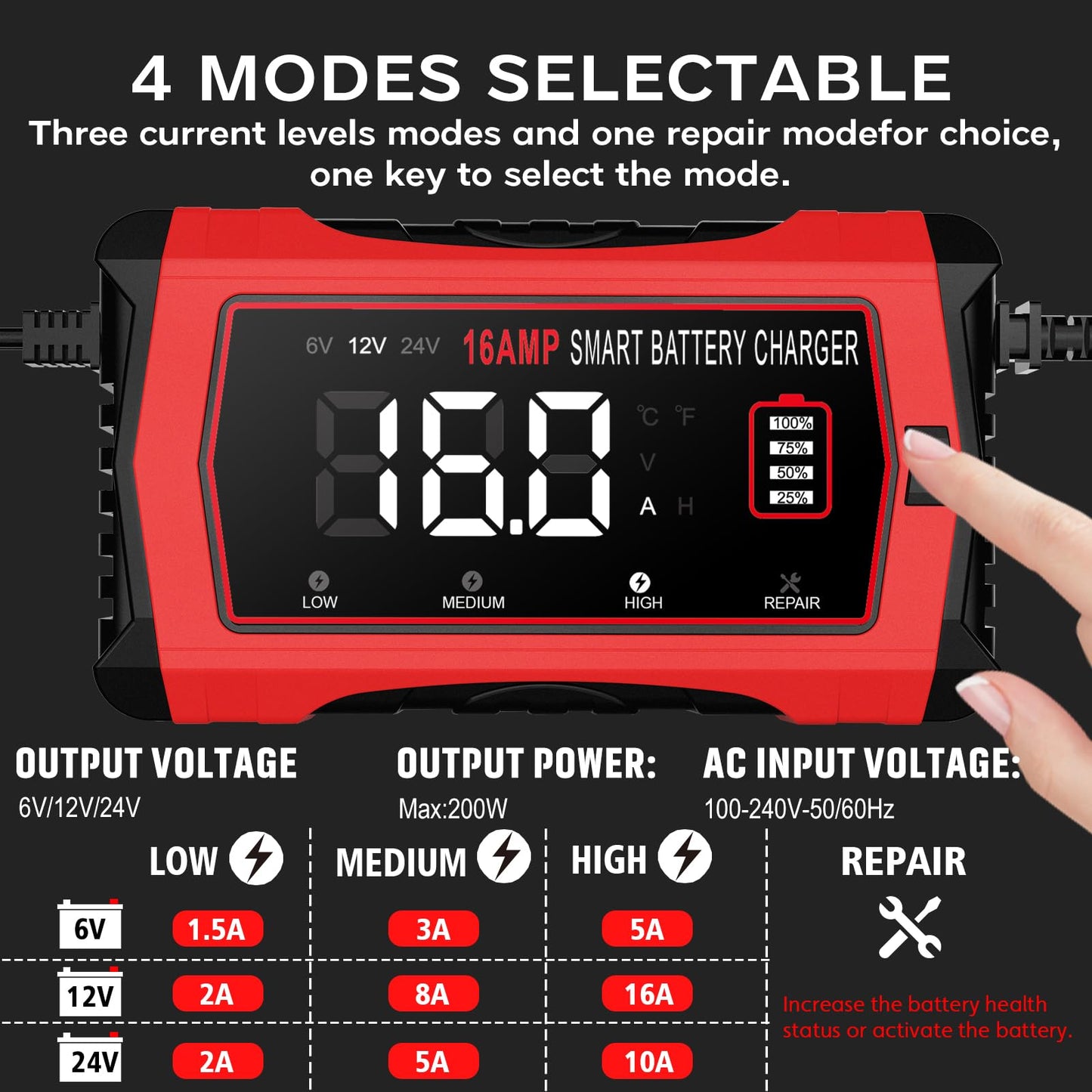 16-Amp Battery Charger, 12V 24V Lithium LiFePO4 Lead Acid Car Battery Charger 10-Stage Trickle Charger Smart Battery Maintainer w/Temp Compensation for Car Truck Lawn Mower Boat Marine