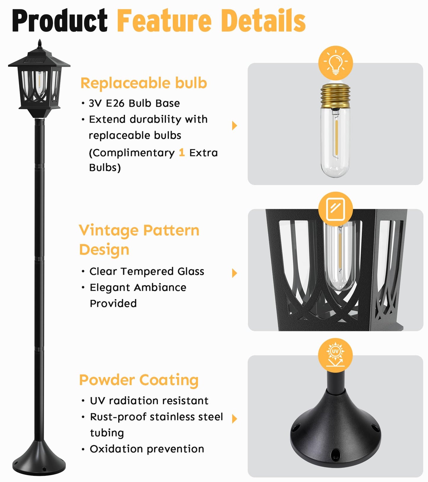 63" Solar Lamp Post Light 2 Pack, Solar Light Posts for Outside Waterproof, Outdoor Lamps for Patio, Backyard, Front Porch Decor, Warm White, Replaceable Bulb