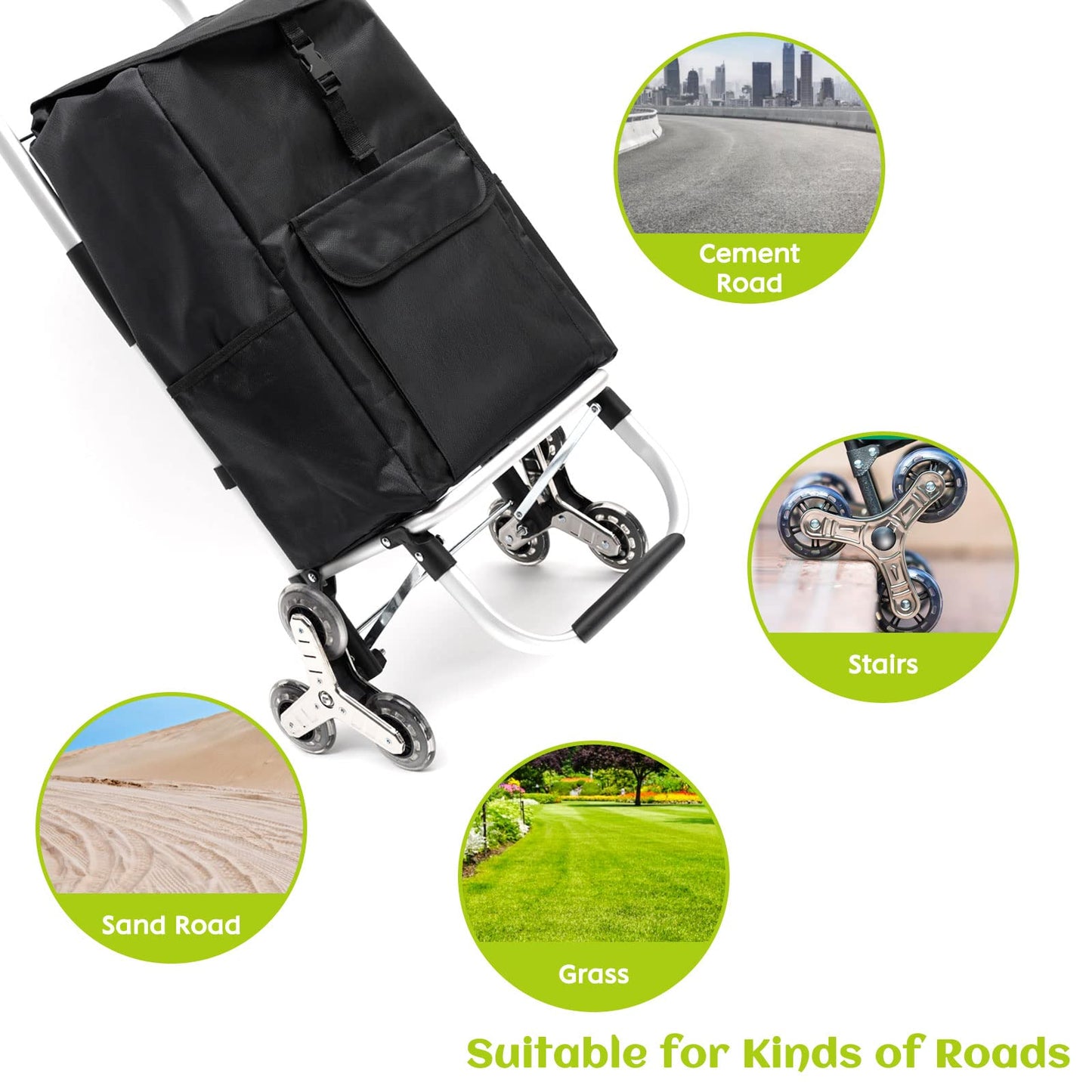 Folding Shopping Cart for Groceries Loading Stair Climbing Portable Folding Grocery Cart with Tri-Wheel Metal Utility Trolley Bigger Waterproof Shopping Bag, Adjustable Elastic Rope