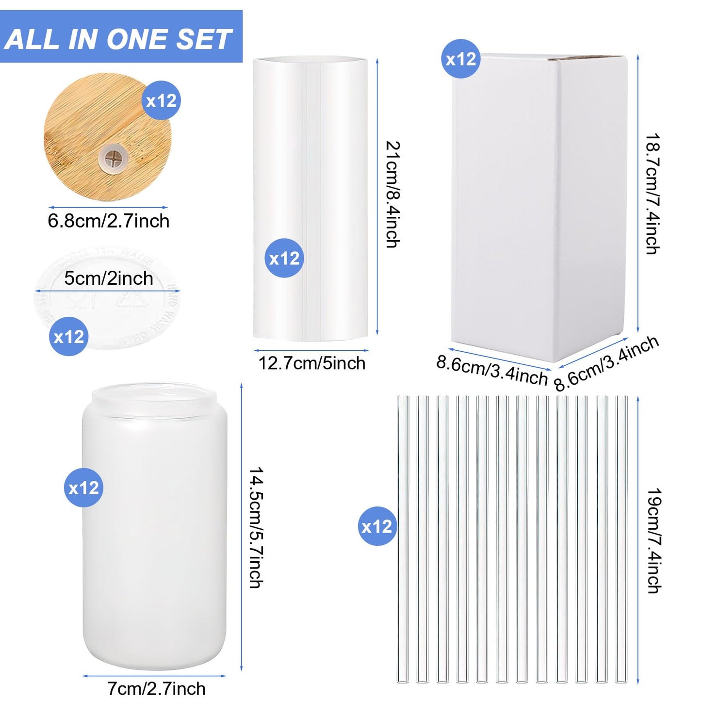 12 Pack Sublimation Glass Cups,16oz Frosted Blank Beer Can with Bamboo Lids & Glass Straw Borosilicate Glasses Tumbler Mason Jar Cups Mug for Beer, Juice, Soda, Iced Coffee, Drinks