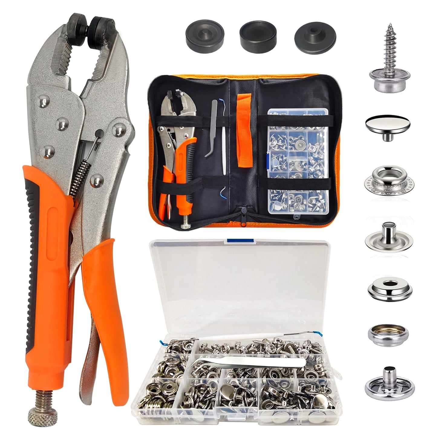 MinliGUY Snap Pliers for Metal Fasteners - Heavy Duty Tool Kit With 3 Dies & 60-Set Stainless Steel 15mm Snaps for Boat Cover/Tarp/Marine Canvas/Leather Installation/Replacement