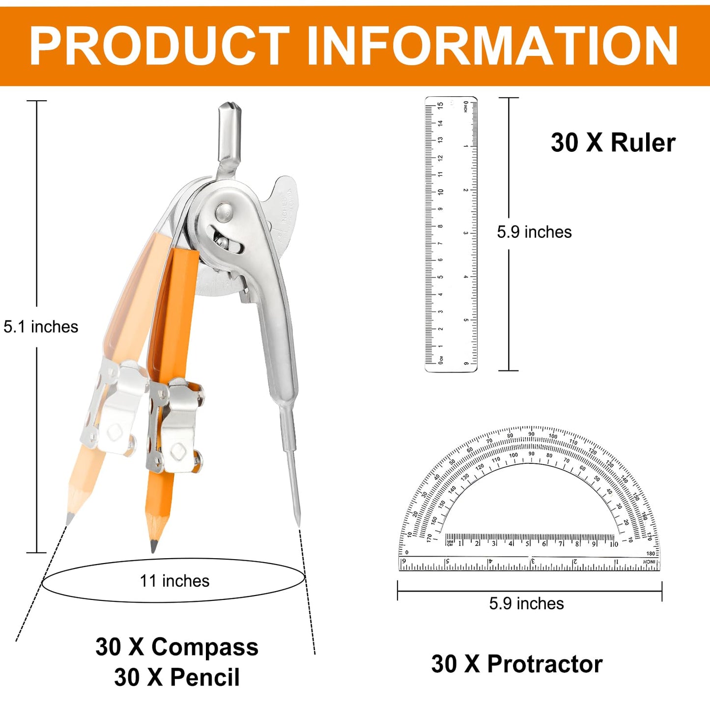 120 Pieces Geometry Math Set Compass for Geometry Math Compass and Protractor Set Include Metal Compass with Pencil Plastic Ruler and Protractor for Student School Office Woodworking Drawing Tools