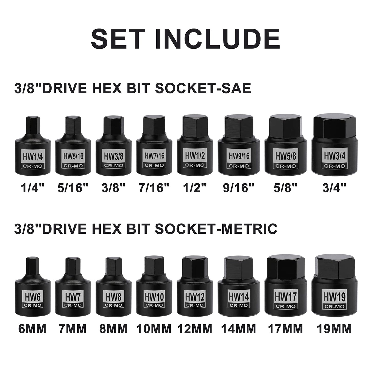 Mayouko 16 Pieces 3/8" Drive Low Profile Hex Socket Set, Impact Allen Bit Socket, CR-MO, 1/4"-3/4", 6mm-19mm, SAE&Metric