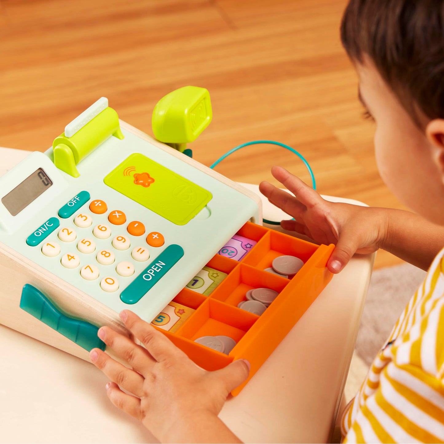 B. Toys – Cashier Playset – Pretend Play Cash Register – Play Money, Calculator, Scanner – Role – Play Cashier Set – Learning Toys for Kids – 3+ Years(30 Pieces)