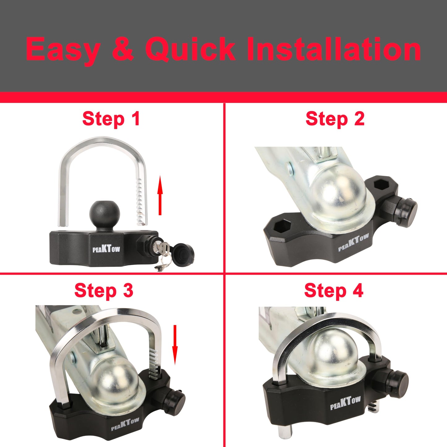 PEAKTOW Heavy Duty Universal Adjustable Coupler Lock Trailer Hitch Storage Security Lock Fits 1-7/8, 2, 2-5/16 Inches Couplers with 2 Keys, Anti-Theft and Top Tier Security, Black