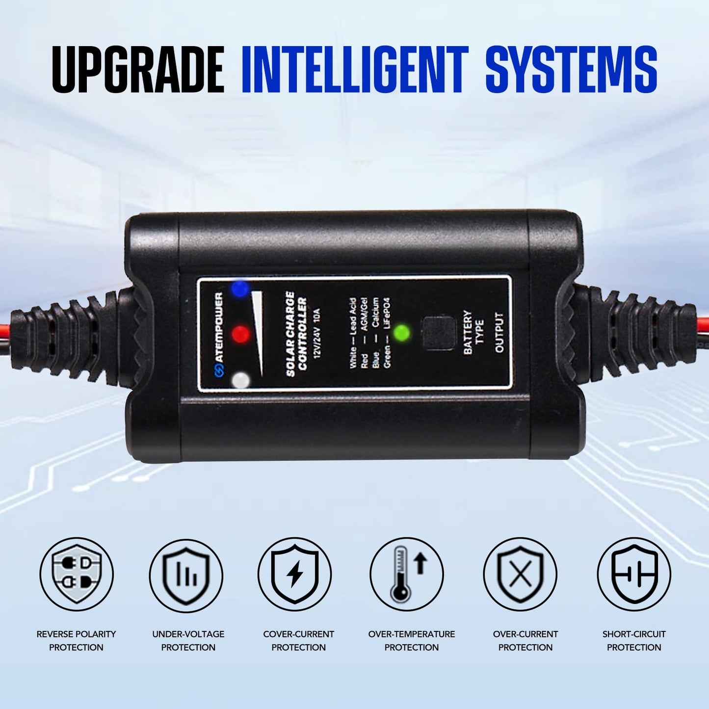 10A MPPT Solar Charge Controller, ATEM POWER 12/24 Volt Intelligent Portable Solar Panel Controller for Solar Panels, Solar Regulator with LED Indicate for Gel AGM Lead-Acid, LiFePO4, Lithium Battery