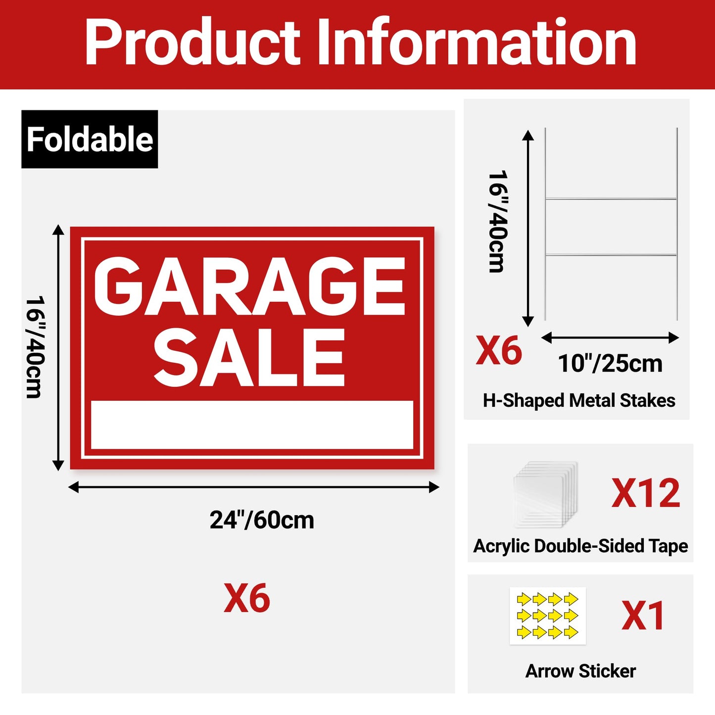 6 Pcs Garage Sale Signs with Stakes, 6 Foldable Extra-Large Garage Sale Signs 24" x 16", Metal Stakes and Double Sided Waterproof Design for Garage Sale Supplies