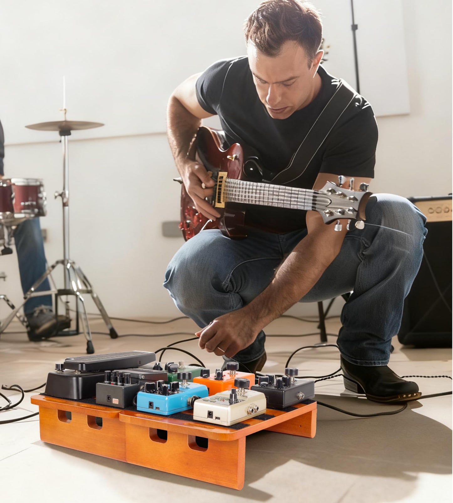 Wooden Pedal Board Guitar Effects 2-in-1 Pedalboard, 17.3" Big Capacity Pedalboard with Cable Supply Pedalboard Set Guitar Accessories