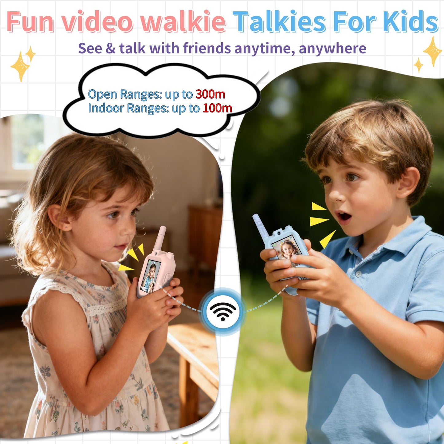 REESTBOO Video Walkie Talkies for Kids, Handheld 2 Pack Rechargeable Walkie Talkies for Boy and Girl Ages 3-12, One-on-One Pairing, Indoor Outdoor Toys for Family Games, Outside Camping (Pink & Blue)