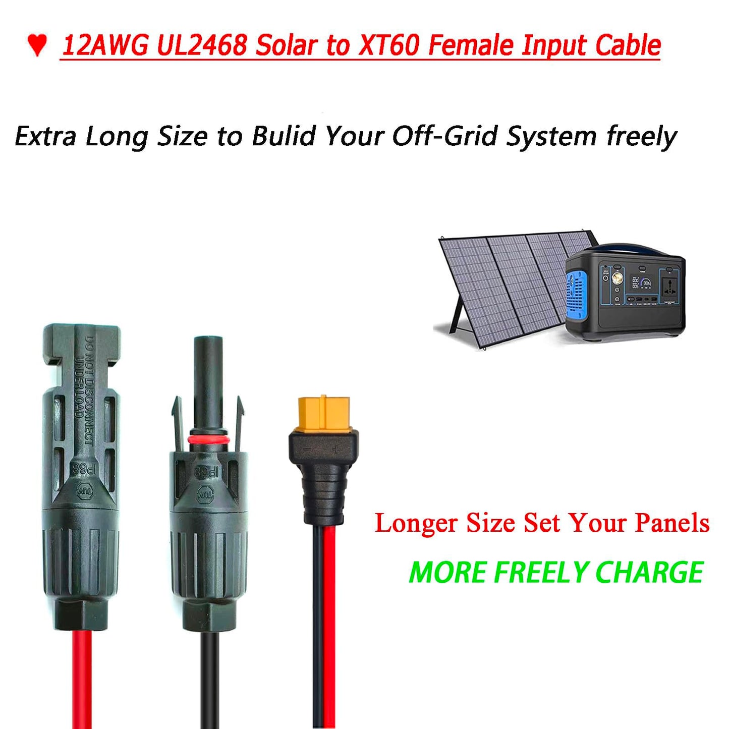 12AWG 12FT Solar to XT60 Cable,Magiktech SolarPanel Charge Cable with XT60 Female Adapter for Power Stations Solar Generators