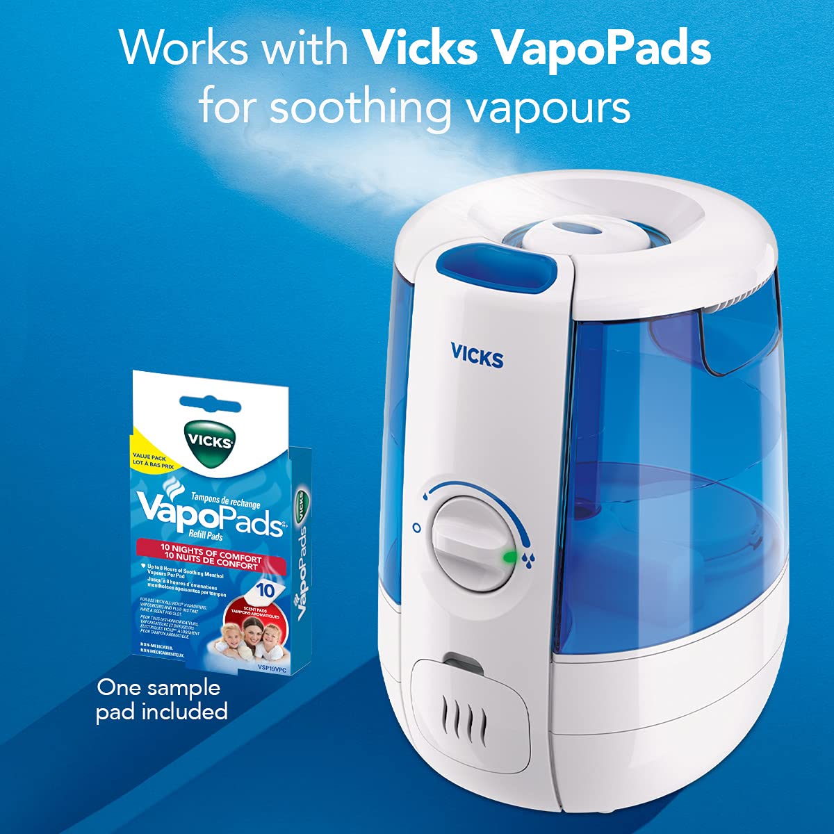 Vicks VUL600C CoolRelief Ultrasonic Cool Mist Humidifier, Medium Room Humidifier for Baby, Bedroom, Office Desk, with Variable Output Control, Scent Pad Slots, Inhalant Cup, Auto Shut-Off, 4.5L/1.2Gal