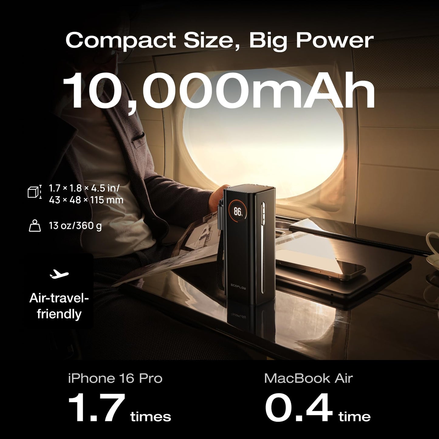 EF EcoFlow Rapid Pro 3-in-1 Power Bank, 10,000mAh Battery Pack with 67W Foldable AC Plug, Detachable USB-C Cable, 45W Fast Recharging, LCD Display Portable Power Bank,, Compatible with Phones, Laptops, and More