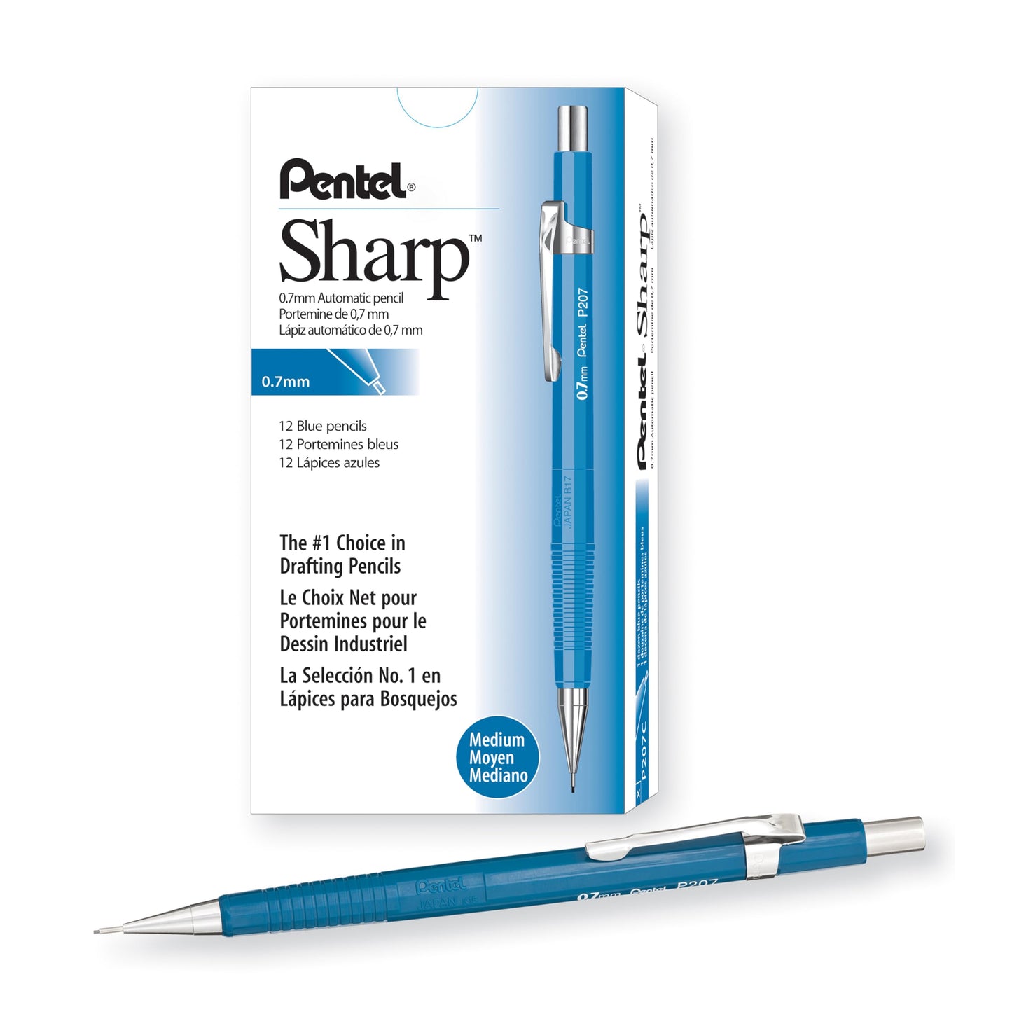 Pentel P200 Drafting Mechanical Pencil, 0.7mm Medium Point, Writing, Drawing, School Supplies, Metal Tip, Blue Barrel, P207-C, Box of 12
