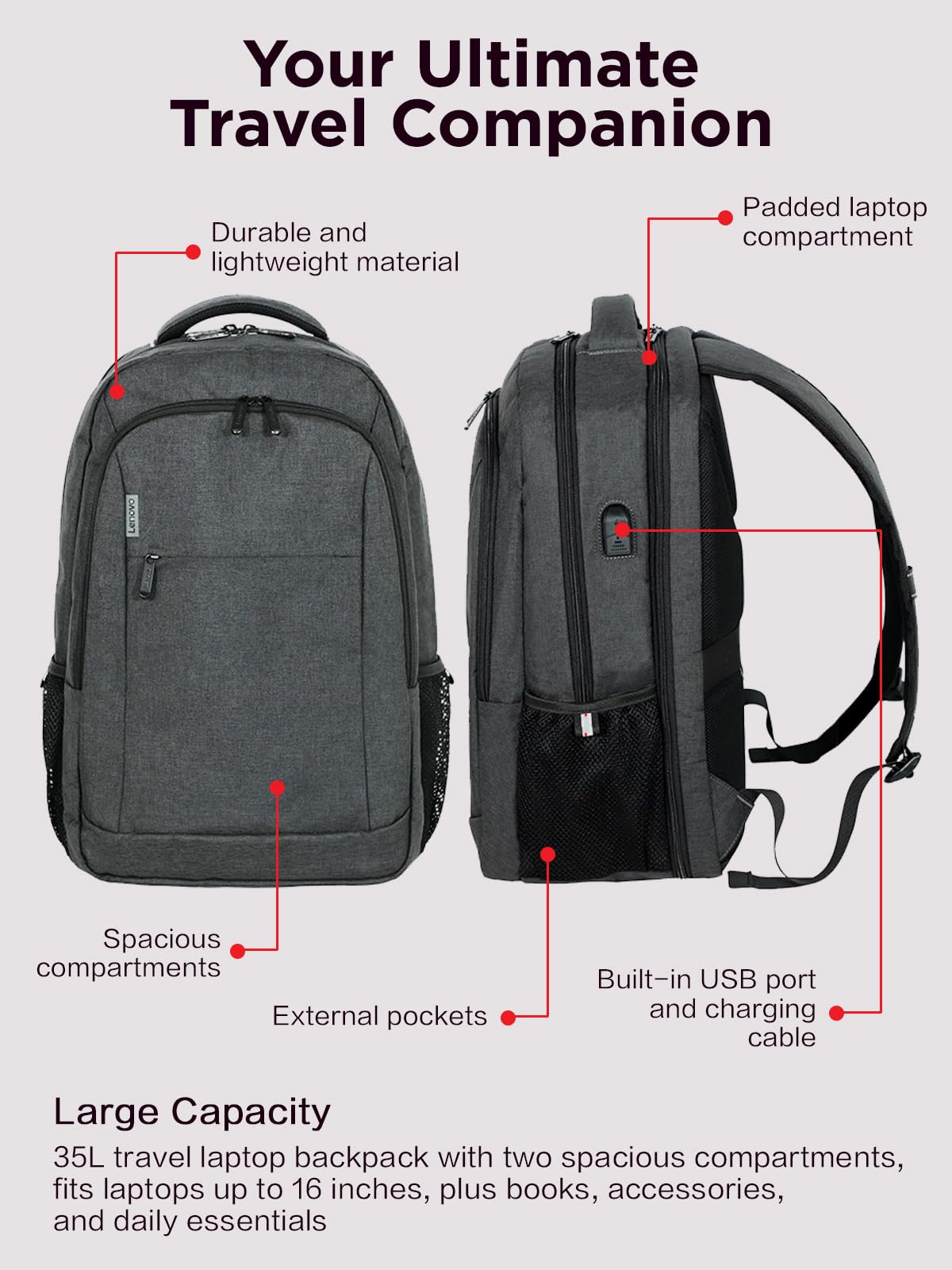 Lenovo B325 Laptop Backpack 35L, Anti Theft, 2 Compartments, External USB Port,Luggage Strap, Grey
