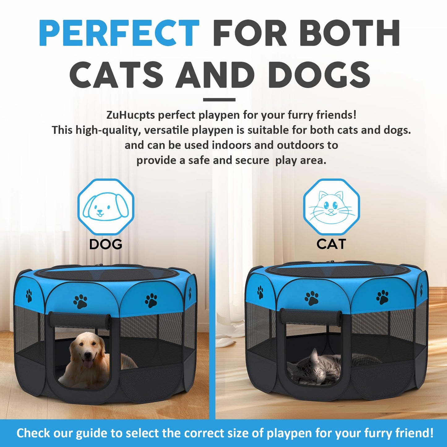ZuHucpts Portable Foldable Pet Playpen/Dog Puppy Pen/Cat Tent cage | Indoor Outdoor Use | + Travel Bowl (Large 36" x 36" x 23", Bule)