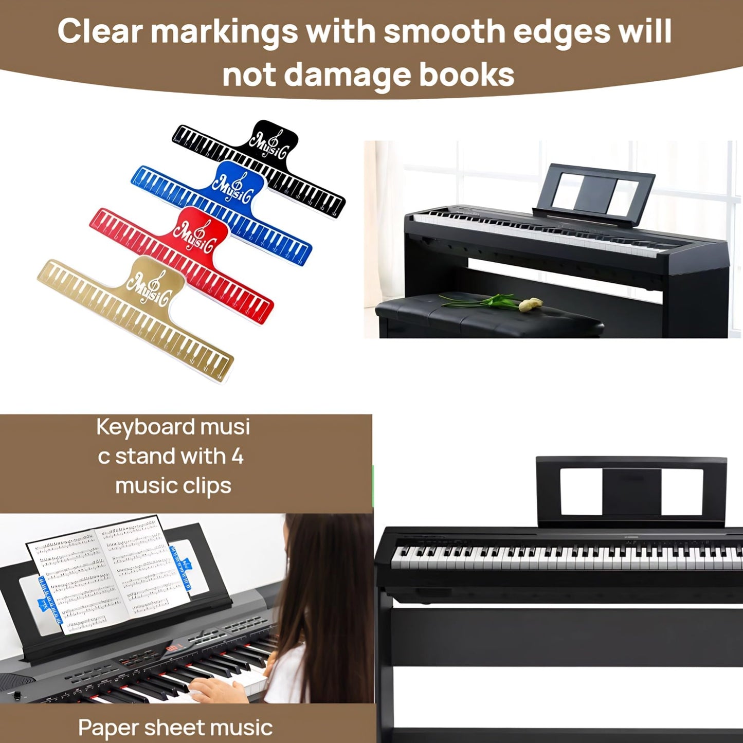 Music Stand for Sheet Music, Compatible with Yamaha Music Sheet Stand,KBPSR/YPT/KBP/PDGX/NP Series Keyboard Music Score Stand, Stable And Durable, Keyboard Sheet Music Stand with 4 Music Book Clip