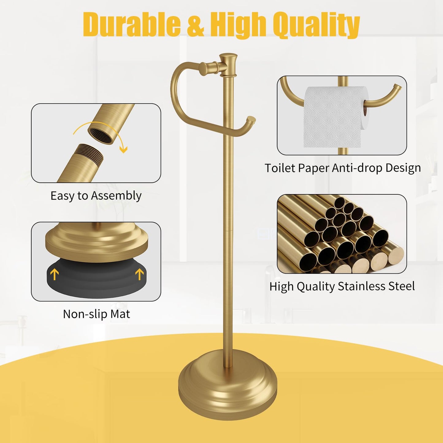 BESy Toilet Paper Holder Free Standing Bathroom Toilet Tissue Holder Stand for Floor Toilet Paper Roll Holder with Storage Hardware Accessories Rack Non Adjustable Brushed Gold Stainless Steel