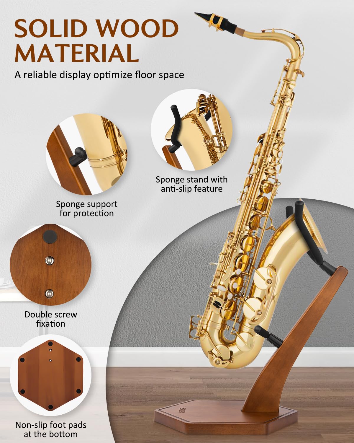 STRICH Wooden Saxophone Stand Display For Alto Tenor Sax, Handmade Solid Wood Floor Stand Holder Colour Walnut, Weighted Heavy Base (FH-4, Sax)