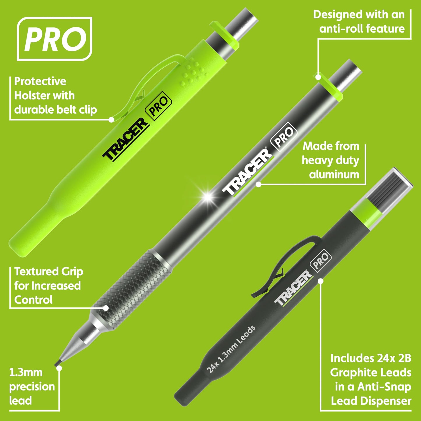 Tracer Pro Series Precision Pencil with 24 x Replacement 1.3mm Leads and Site Holsters - All-in-one Aluminium Precision Marking Kit APPK1-PRO
