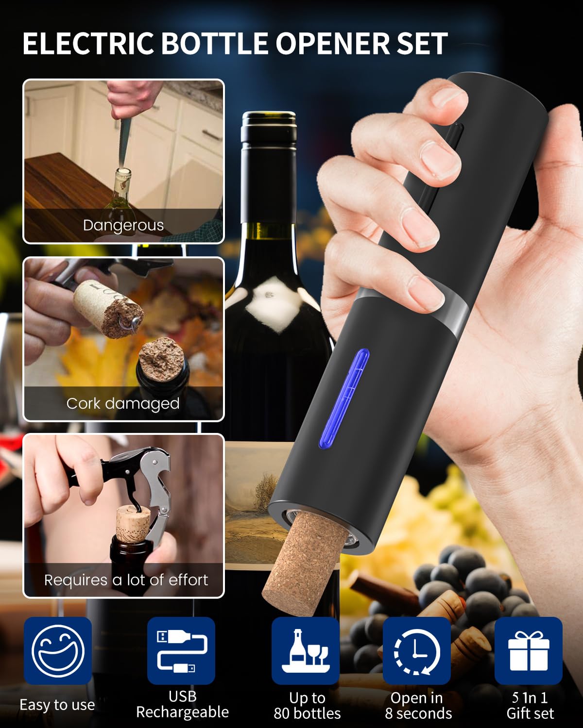CIRCLE JOY 5-in-1 Electric Wine Opener Set, Rechargeable Wine Corkscrew Bottle Opener with Charging Station, Foil Cutter, Led Indicator, Aerator Pourer and Vacuum Stopper