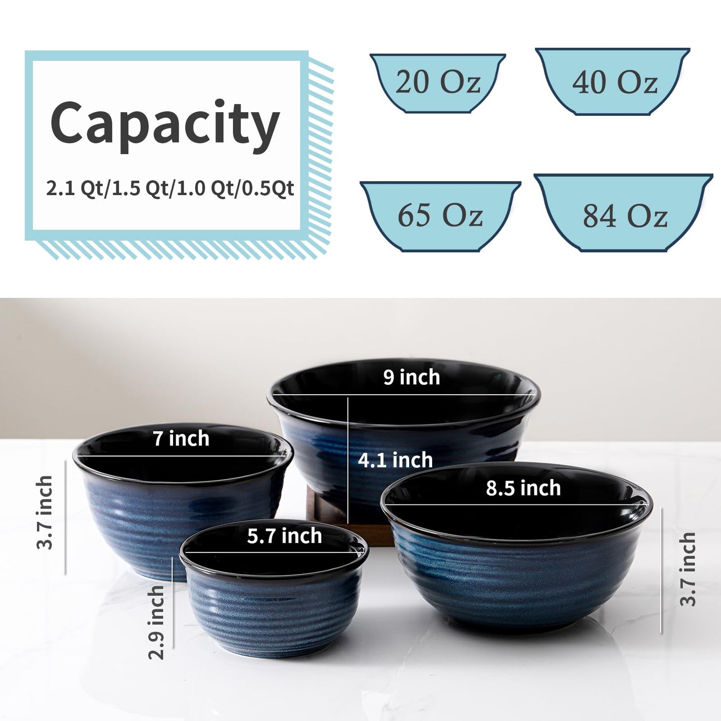 Hasense Mixing Bowls for Cooking, Baking, Ceramic Serving Dishes Set of 4 for Salad, Fruits, Popcorn, Versatile Nesting Bowls for Housewarming Gift, 2.1/1.5/1.0/0.5 Qt, Dishwasher & Microwave Safe