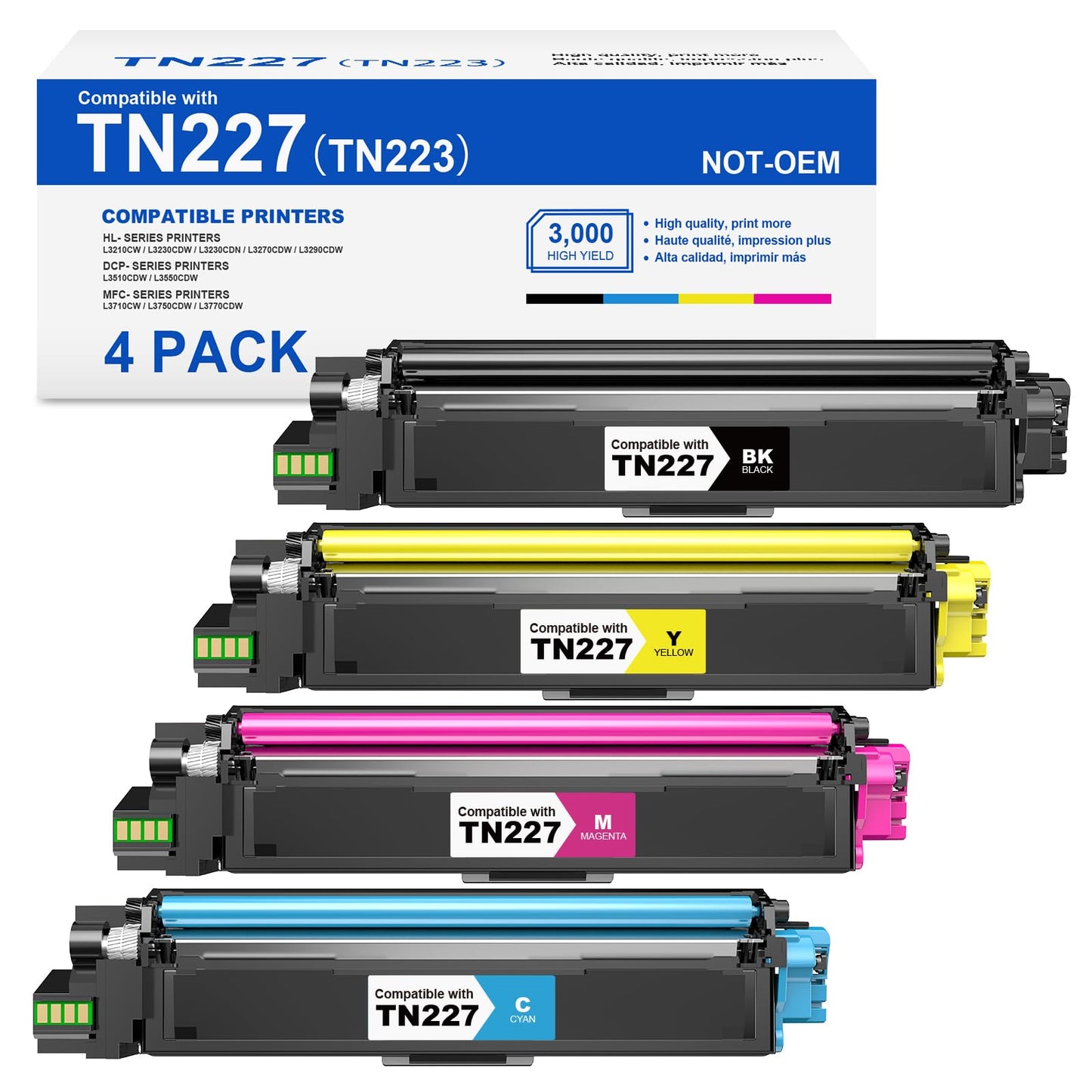 (with Chip) TN227 Toner Cartridge Compatible Replacement for TN223 TN 227 TN-223 TN-227 Work with MFC-L3770CDW HL-L3270CDW HL-L3290CDW MFC-L3710CW HL-L3210CW (TN-227BK/C/M/Y, 4 Combo Pack)