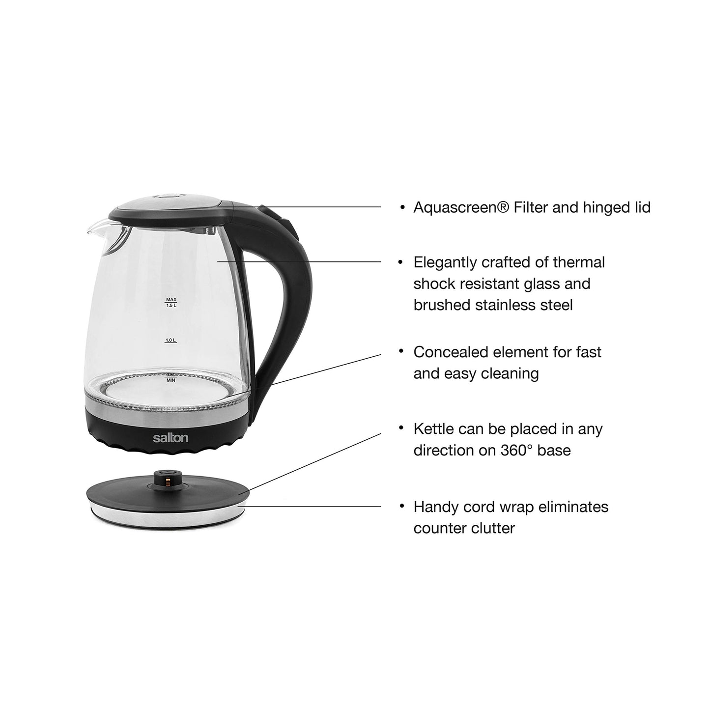 Salton Cordless Electric Glass Kettle - Compact 1.5L/Quart Water Boiler and Tea Heater with Automatic Shut-Off and Boil-Dry Protection, Soft Blue Illumination, Stainless Steel, 1100 Watts
