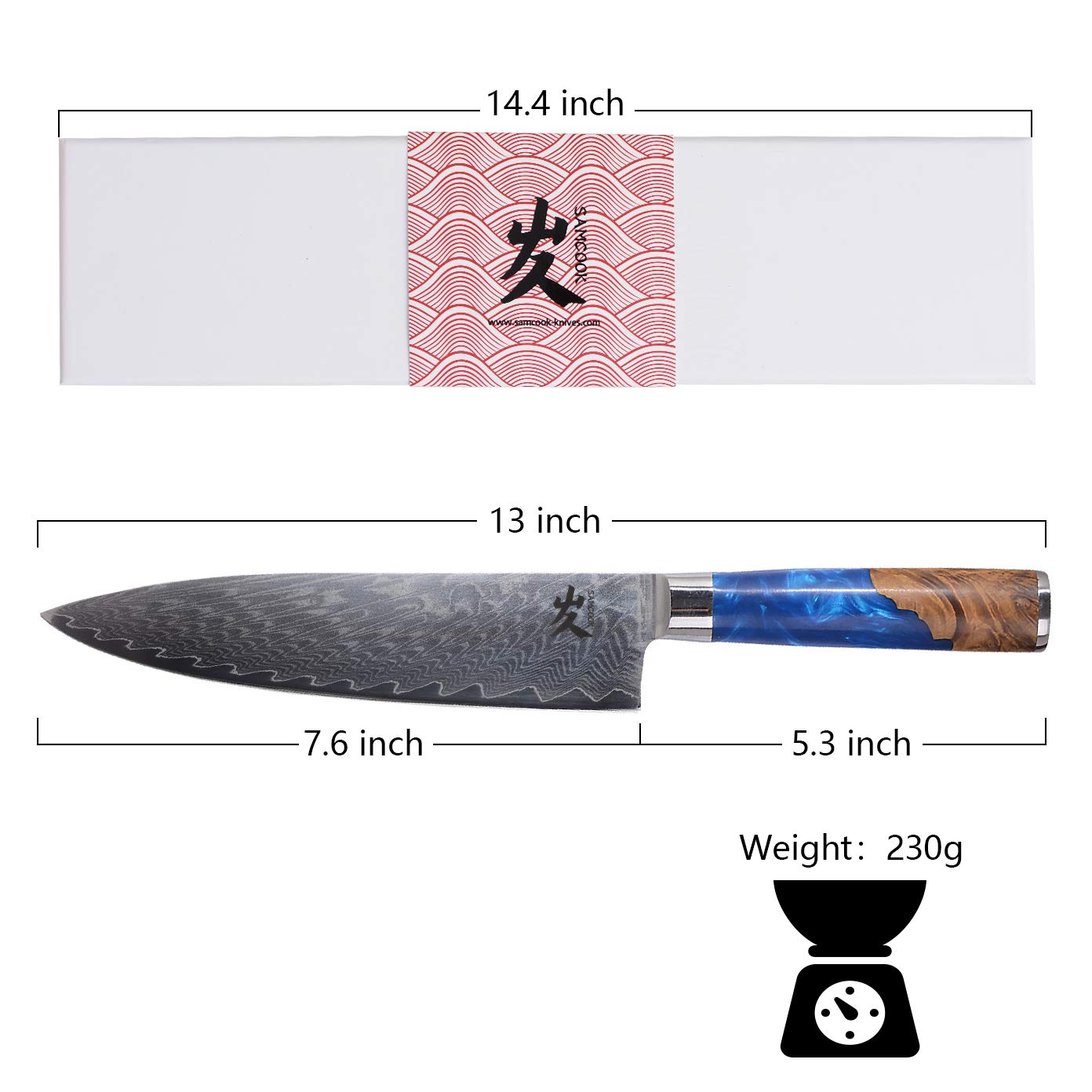 SAMCOOK Damascus Chef Knife - 8 Inch Professional Sharp Gyuto Knife - Japanese VG-10 High Carbon Stainless Steel Kitchen Cooking Knife - Ergonomic Blue Resin Wood Handle with Gift Box