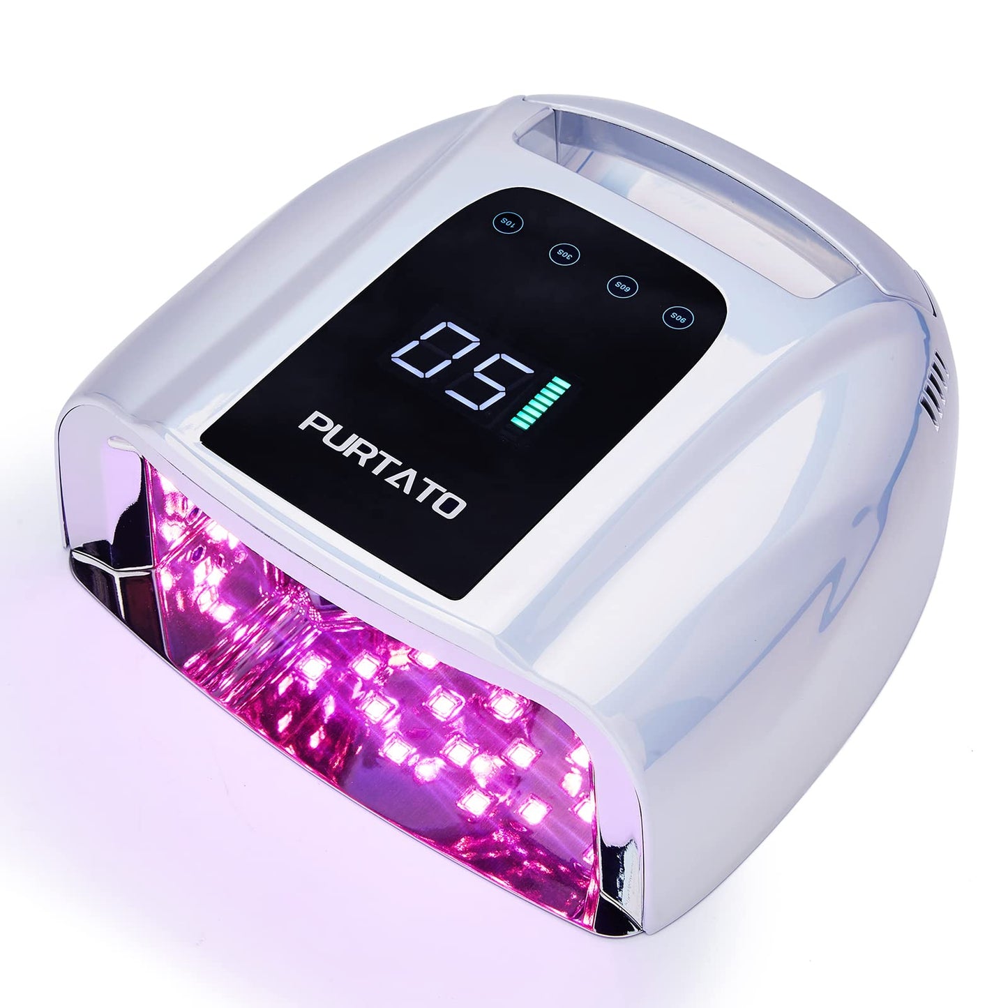 PURTATO Professional Rechargeable 96W UV LED Portable Cordless UV Light for Nail Lamp Machine with Removable Stainless Steel Bottom,4 Timer Setting and Smart Sensor Nail Dryer (Plating Silver)