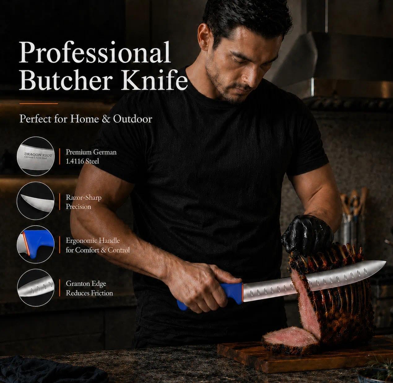 DRAGON RIOT 6 Pcs Butcher Knives Set, Meat Processing Knife Set for Brisket Trimming with German Stainless Steel and Blue Non-Slip Handle,Ideal Christmas Gift for Man and Woman