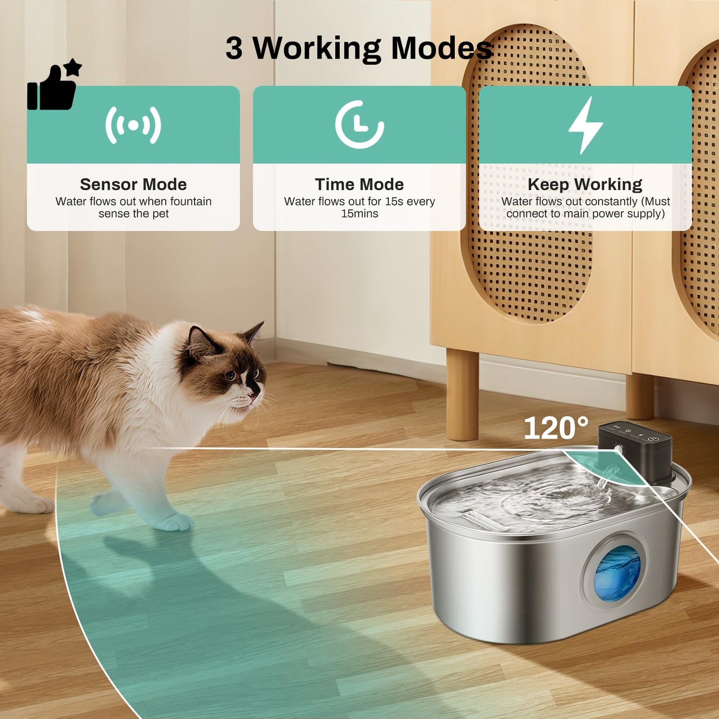 BFLICROY 3.2L Cordless Cat Water Fountain, Automatic Stainless Steel Pet Water Fountain with Motion Sensor, 4,000mAh Rechargeable Battery Operated Cat Water Dispenser, Ultra Quiet Drinking Fountain