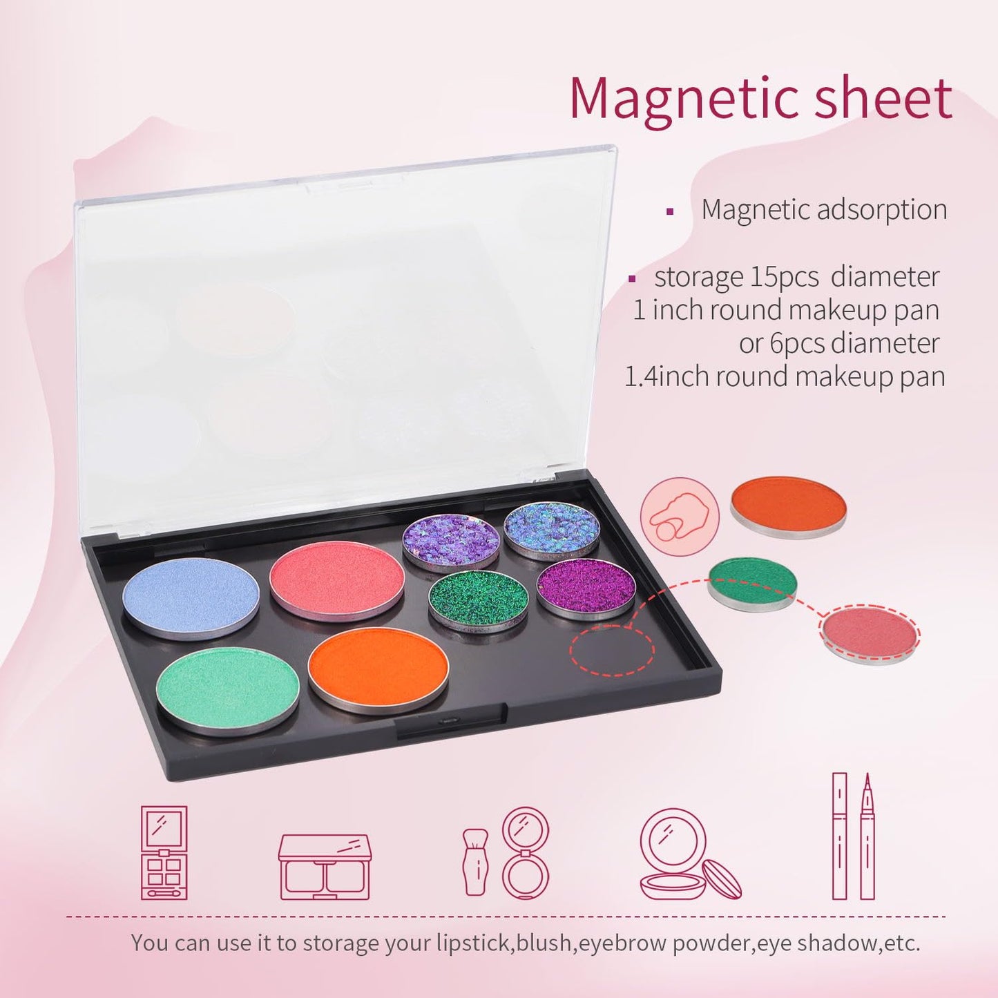 AJLTPA Magnetic Makeup Palette with Clear Top, 3Pack Empty Eyeshadow Pan Dispensing Storage Box with 60Pcs Adhesive Metal Stickers for DIY Cosmetics Lipstick Blush Powder, Grey, Palette - 5.7"x4.3"