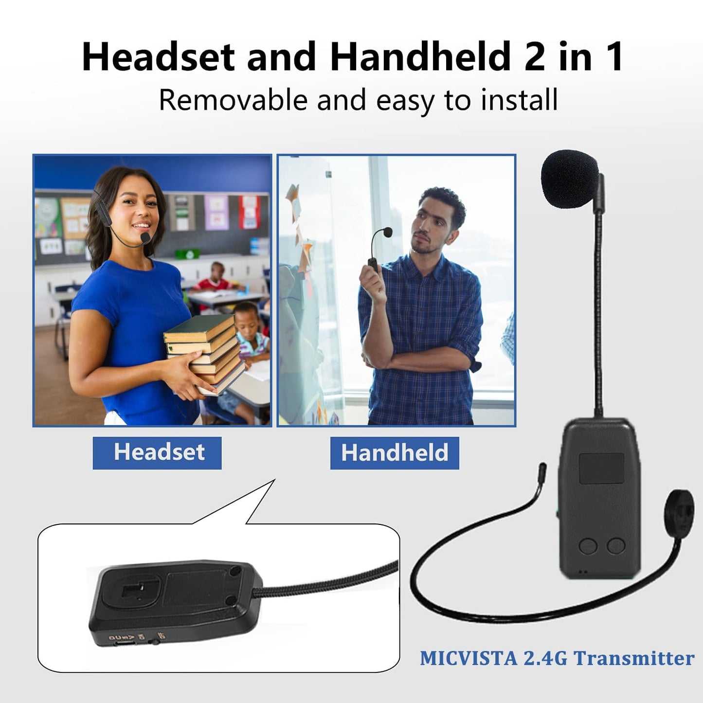 MICVISTA 4-Person Wireless Microphone System, 2.4G Wireless Earphone Microphones and Handheld Microphones 2-in-1 Speaker Audio Amplifier PA System for Teacher Tour Guides Fitness Trainer