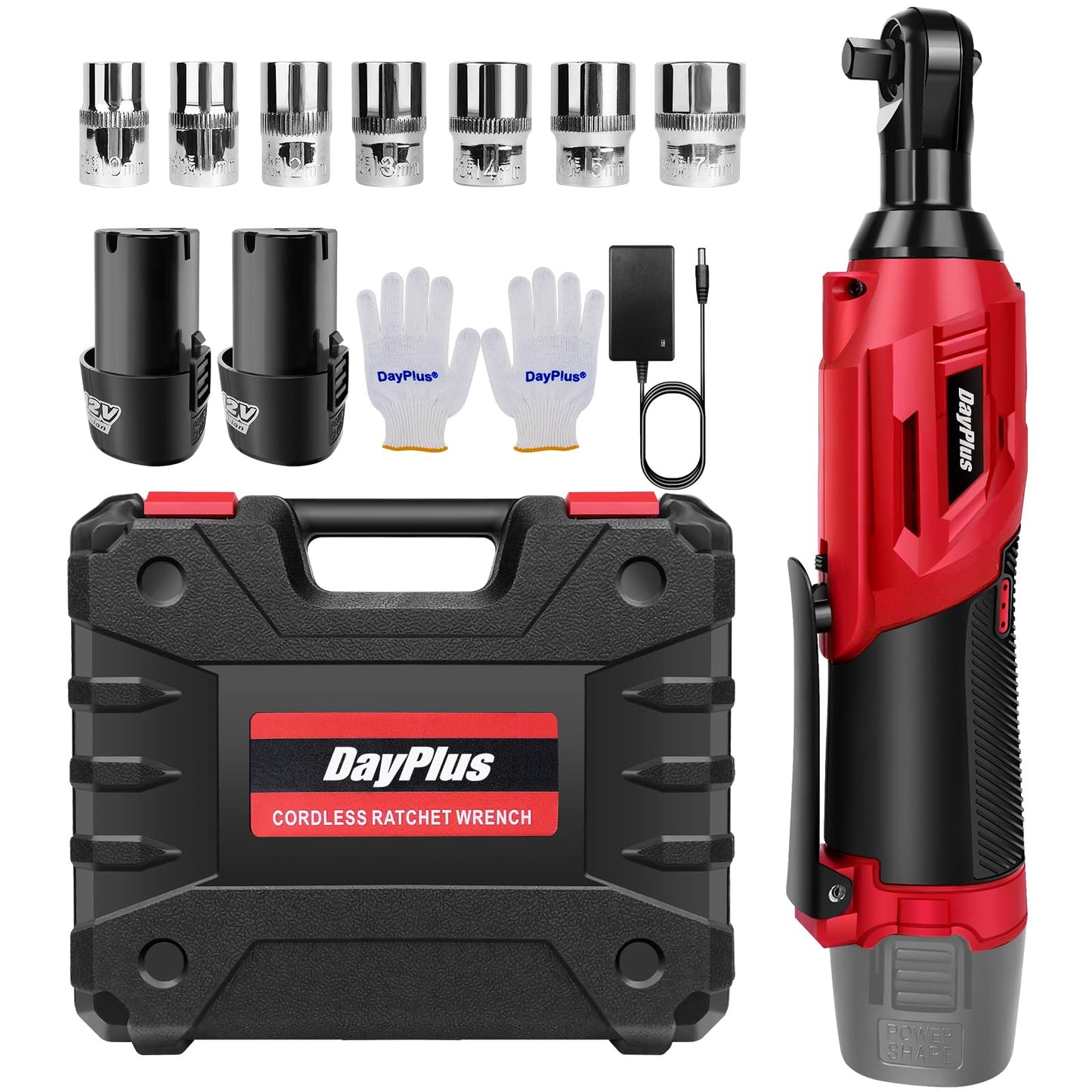 Cordless Electric Ratchet Wrench Kit, 0-2300 RPM 3/8 Inch Power Ratchet Wrench with Variable Speed Trigger 2X 1.5Ah Li-Ion Batteries, 7 Sockets, Fast Charge -Red