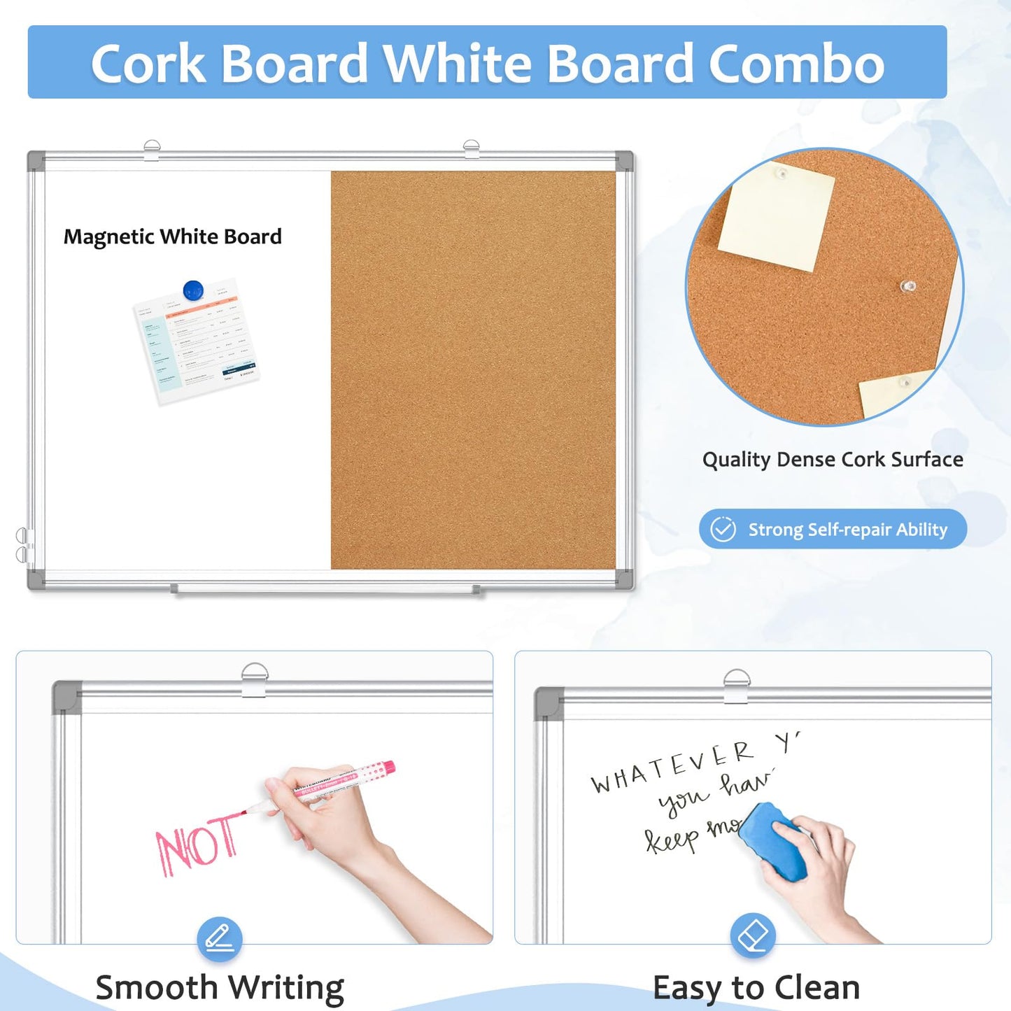 AMUSIGHT Double-Sided Combination Magnetic White Board & Cork Board, 36" x 24" Dry Erase Board & Cork Board Combo for Wall, Hanging Whiteboard for Planning, Kitchen, Memo, School, Home, Office