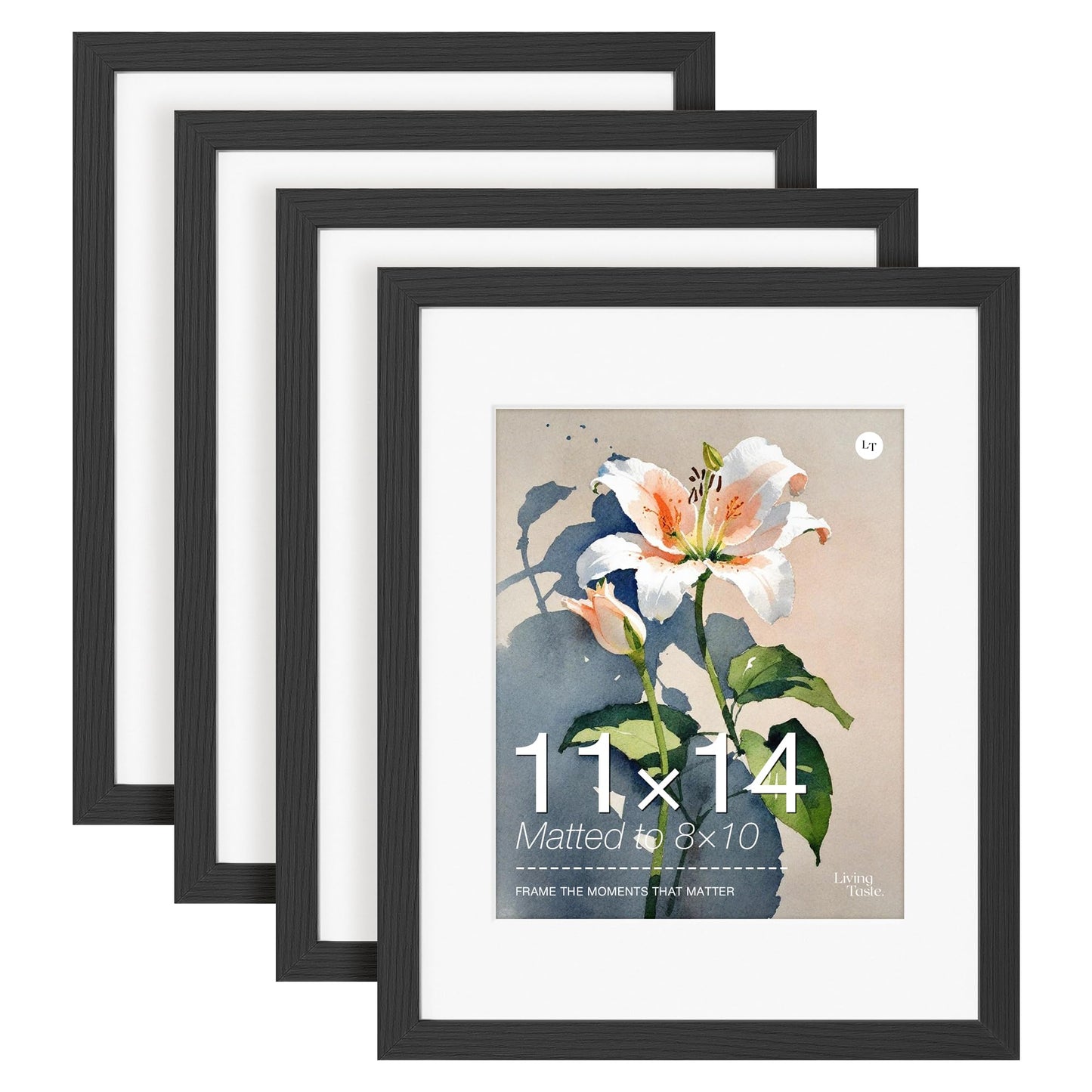 LIVINGTASTE 11x14 Picture Frame Set of 4 Wood Solid Veneer Black 11x14 Frames with Mat to 8x10, Wooden 4 Pack 11 x 14 Picture Frame with Shatterproof Plexiglass for Vertical or Horizontal Wall Mounting Display