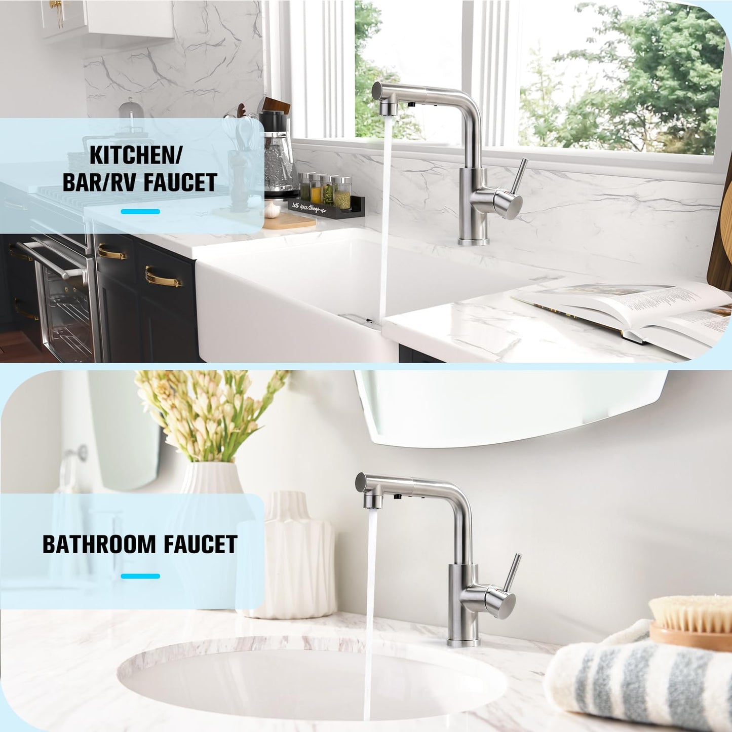 CREA Black Kitchen Faucet with Pull Out Sprayer, Pot Filler Faucet RV Prep Sink Outdoor Faucet Wet Bar Faucet, Single Handle Bar Sink Faucet with Deck Plate, Brushed Nickel